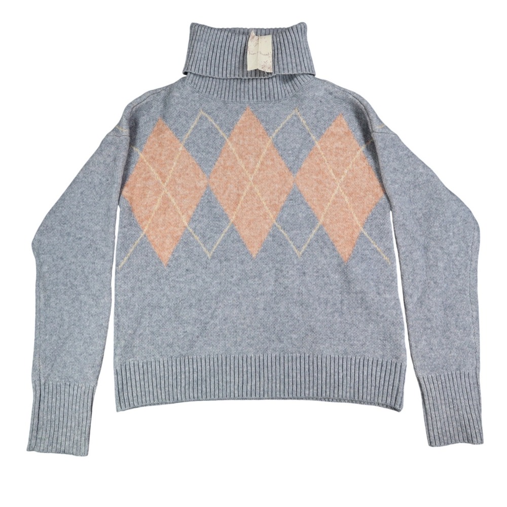 Hem & Thread Argyle Turtleneck Sweater Womens Small Grey Orange Knit 30984 NWT